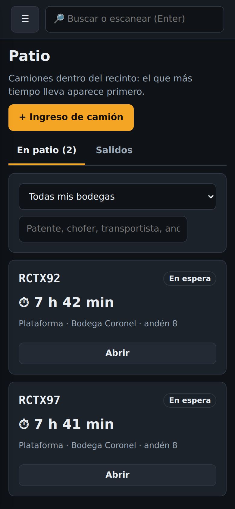 Patio en el celular: camiones en espera con su tiempo en patio y andén